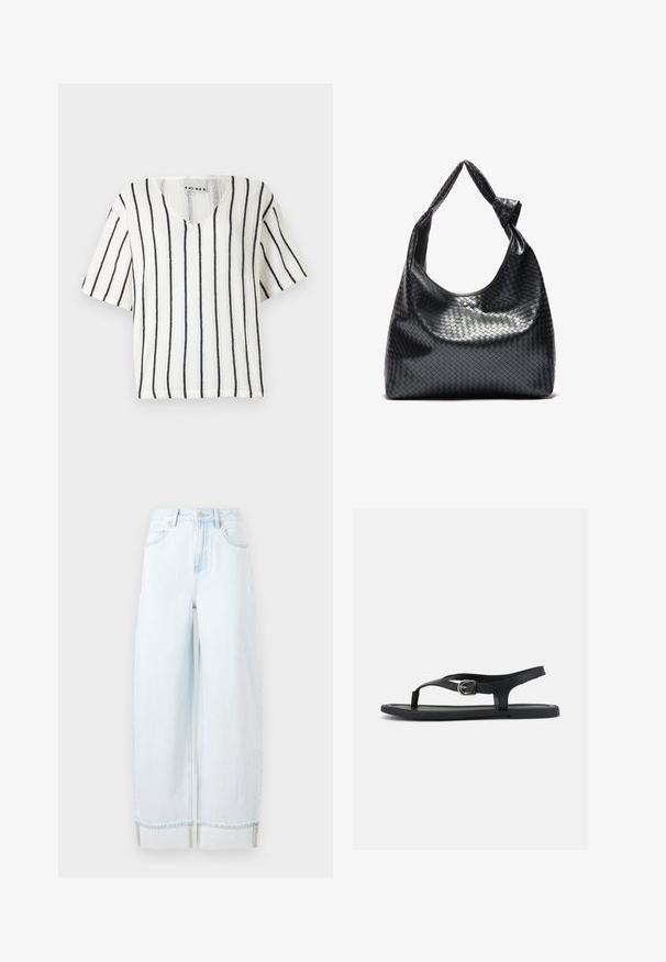 Top blanco de manga corta con escote en V, presenta rayas verticales negras y un patrón de punto texturizado. Etiqueta de la marca visible dentro del cuello.; Jeans de mezclilla de pierna ancha color azul claro, con cintura alta, bolsillos frontales y un dobladillo enrollado con costuras visibles.; Sandalia plana negra con correa al tobillo, separador de dedo y hebilla plateada sobre suela lisa, vista lateral sobre fondo blanco.; Bolso de cuero trenzado negro con un diseño relajado, que presenta una correa anudada y un pequeño tachuela dorada decorativa en la parte superior.