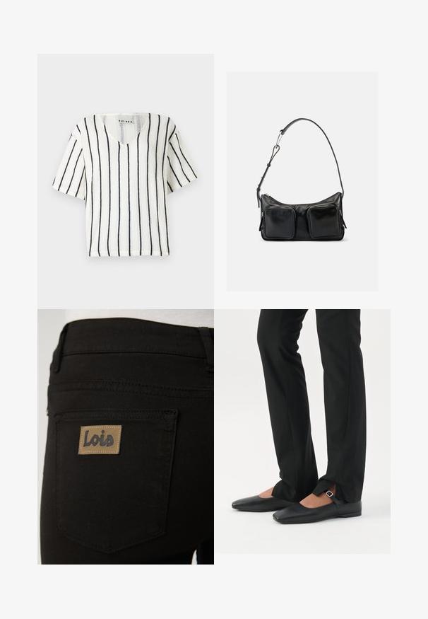 Weißes kurzärmliges Oberteil mit V-Ausschnitt, versehen mit schwarzen vertikalen Streifen und einem strukturierten Strickmuster. Markenlabel im Kragen sichtbar.; Schwarze Jeans aus Denim mit einer schlichten Gesäßtasche, die ein hellbraunes, rechteckiges Etikett mit der Prägung "Lois" trägt. Glatte Textur und klassisches Design.; Beine in schwarzen schmalen Hosen mit vorderen Schlitzen am Saum, kombiniert mit schwarzen flachen Mary-Jane-Schuhen mit kleinem Schnallenriemen.; Schwarze Leder-Umhängetasche mit verstellbarem Riemen und zwei großen, vorderen Reißverschlusstaschen vor schlichtem, hellem Hintergrund.
