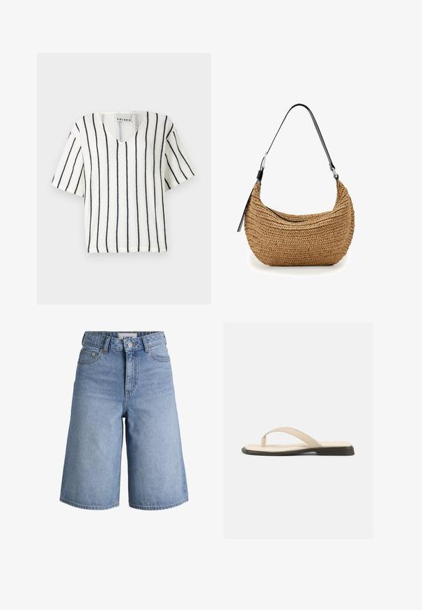 Weißes kurzärmliges Oberteil mit V-Ausschnitt, versehen mit schwarzen vertikalen Streifen und einem strukturierten Strickmuster. Markenlabel im Kragen sichtbar.; Hellblaue Denim-Shorts mit hoher Taille, vorderen Knöpfen, Reißverschluss, Gürtelschlaufen und Fünf-Taschen-Design.; Beige flache Zehensandale mit gepolstertem Fußbett und schwarzer Sohle, von der Seite vor weißem Hintergrund gezeigt.; Kleine braune gewebte Umhängetasche mit verstellbarem schwarzem Riemen und Reißverschluss, auf weißem Hintergrund dargestellt.