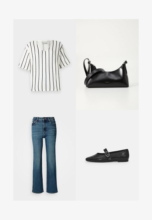 Hvid kortærmet top med V-hals, prydet med sorte lodrette striber og et struktureret strikket mønster. Mærkeetiketten er synlig indeni kraven.; Højtaljede blå jeans lavet af denim, med lige ben design, subtil fading, og en standard knap- og lynlås lukning.; Sorte læder flade sko med rund tå, et enkelt justerbart spænde og en glat, blank overflade. Minimalistisk design med en lav hæl.; Sort læderhåndtaske med en glat tekstur. Har en justerbar stropp og et enkelt, minimalistisk design med lynlås.