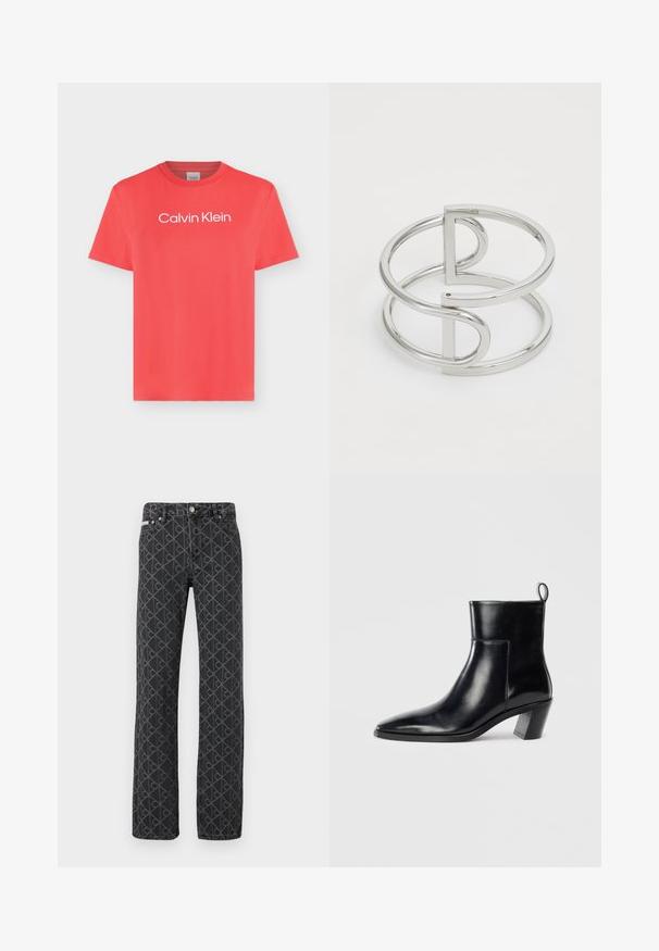 T-shirt corail à manches courtes avec col rond et logo blanc « Calvin Klein » centré sur la poitrine sur un fond clair uni.; Jeans en denim noir avec un motif discret de logos en all-over. Coupe droite avec cinq poches et fermeture à bouton métallique.; Bottine en cuir noir avec un bout pointu, un talon empilé géométrique et une languette à l'arrière. Texture lisse et design épuré.; Bracelet en métal argenté avec un design à double boucle, fini lisse et brillant, et un accent géométrique minimaliste.