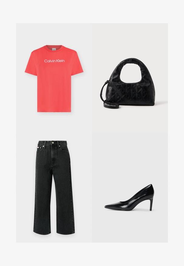 T-shirt corail à manches courtes avec col rond et logo blanc « Calvin Klein » centré sur la poitrine sur un fond clair uni.; Jean large en denim noir, avec une taille haute, deux poches avant, une poche arrière unique et une fermeture à bouton avec un détail argenté.; Chaussure à talon haut en cuir noir avec un bout pointu, texture lisse et un talon effilé. Design minimaliste, sans embellissements supplémentaires.; Sac à main en cuir noir avec une anse supérieure incurvée, un motif en diamant subtile, et une bandoulière détachable. La texture est lisse avec des détails embossés.