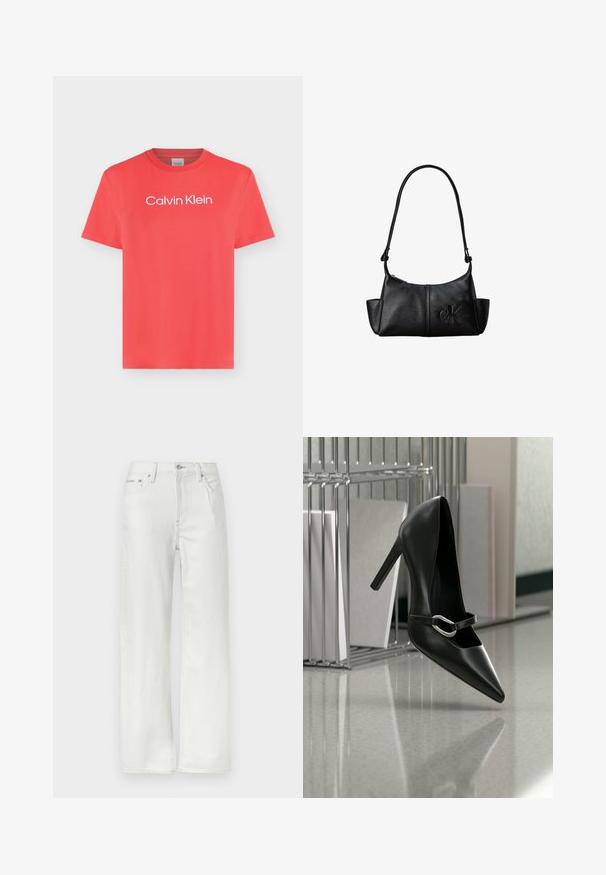 T-shirt corail à manches courtes avec col rond et logo blanc « Calvin Klein » centré sur la poitrine sur un fond clair uni.; Jean blanc droit avec poches avant et arrière, passants pour ceinture, fermeture par bouton et détails de coutures visibles.; Chaussure à talon haut noire pointue avec une bride à boucle argentée, placée sur une surface réfléchissante près d’un organiseur métallique contenant des papiers.; Sac à bandoulière en cuir noir avec une longue sangle, des poches latérales et le logo Calvin Klein embossé sur le devant.