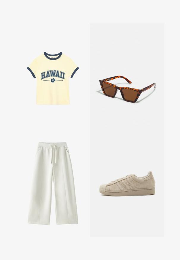 T-shirt court crème avec bordure bleu marine au col et aux manches, avec le texte « HAWAII Tropical Roots & Beach Club » et un motif de fleur d'hibiscus.; Pantalon blanc à jambes larges avec taille élastique, cordon de serrage à l'avant, poches latérales, et détails de coutures visibles sur un fond uni.; Basket basse en daim beige avec embout en caoutchouc, fermeture à lacets et trois bandes latérales sur semelle plate.; Lunettes de soleil teintées de brun avec un motif écaille de tortue, monture angulaire et branches fines. Matériau en plastique léger.