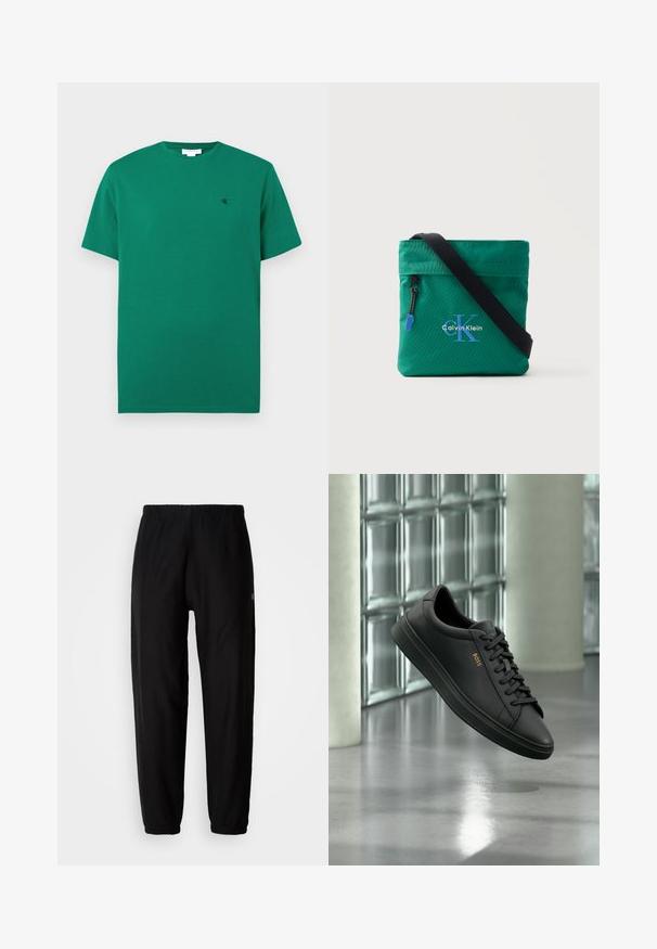 Groene korte mouwen T-shirt met ronde hals met klein zwart "cK" logo geborduurd op de linkerborst, effen achtergrond.; Zwarte sweatpants met een elastische tailleband, smal toelopende pijpen en cuffs. Gladde stofstructuur. Logodetail aan de zijkant.; Zwarte lage leren sneaker met zwarte veters en gouden BOSS-logo aan de zijkant, zwevend boven glanzende grijze vloer in een moderne binnenruimte.; Groene crossbodytas met zwarte riem, voorvak met rits en blauw "Calvin Klein"-logo op een effen achtergrond.