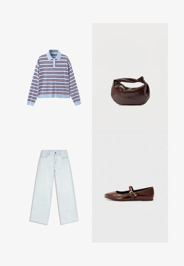 Polo à manches longues bleu clair avec des rayures horizontales bordeaux, des poignets et un ourlet côtelés, et un col à patte à deux boutons.; Jean bleu clair à jambes larges avec fermeture à boutons et fermeture éclair sur le devant, passants pour ceinture et style cinq poches, posé à plat sur un fond blanc.; Ballerine en cuir verni marron avec un bout carré et une lanière ornée d'une petite boucle dorée. Texture lisse, talon bas et design minimaliste.; Sac bandoulière en cuir marron foncé avec une forme souple et décontractée et une anse nouée torsadée sur un fond blanc uni.
