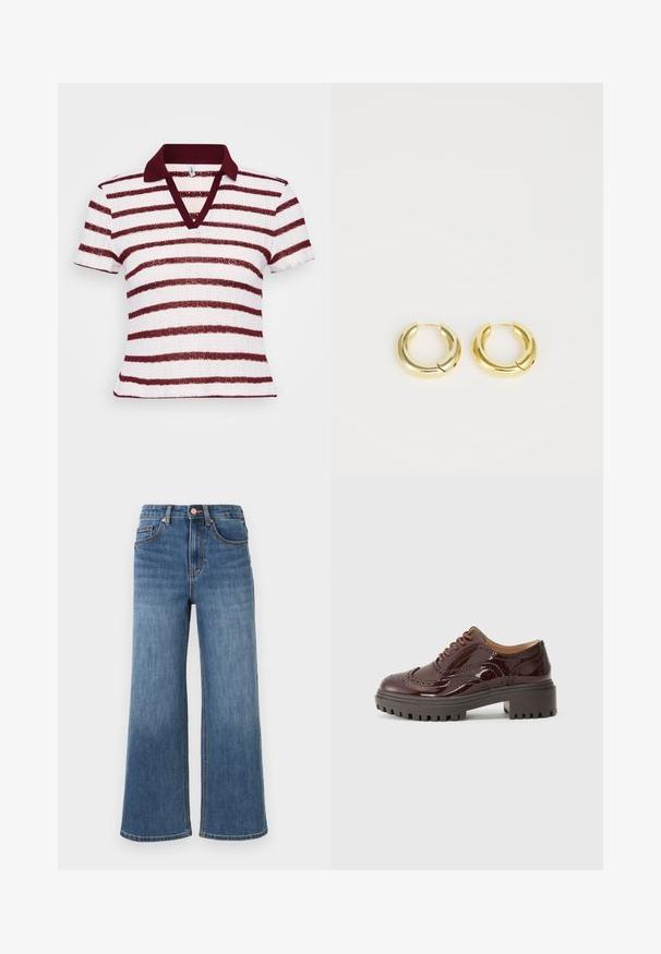 Polo rayé avec un décolleté en V profond, des manches courtes et un col bordeaux. Il présente des rayures larges blanches et bordeaux alternées dans un tissu texturé.; Jean en denim bleu à jambes larges avec cinq poches, fermeture par boutons et passants de ceinture, présenté sur un fond clair uni.; Chaussure à lacets en cuir laqué bourgogne avec des détails de brogue, semelle épaisse en gris, et bout rond. Surface texturée et design robuste.; Boucles d'oreilles en or avec une surface lisse et réfléchissante, présentant un design arrondi et épais, ainsi qu'une fermeture à charnière pour un port facile.