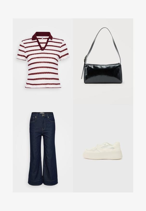 Polo rayé avec un décolleté en V profond, des manches courtes et un col bordeaux. Il présente des rayures larges blanches et bordeaux alternées dans un tissu texturé.; Jean en denim bleu foncé à jambe large, avec fermeture à bouton et à glissière à l'avant, et design à cinq poches, présenté sur un fond clair.; Baskets plateformes blanches en cuir lisse, avec des accents cousus et des rayures métalliques sur les côtés. Bout rond et semelle plate en caoutchouc.; Sac d'épaule rectangulaire noir avec une sangle réglable unique et une fermeture éclair supérieure sur un fond uni.