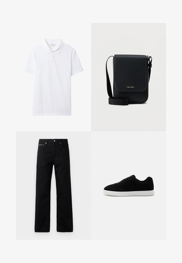 Polo blanco de manga corta con cuello y tapeta de tres botones, parte delantera lisa y una pequeña etiqueta de Calvin Klein Jeans dentro del cuello.; Jeans de mezclilla negra con un diseño de pierna recta, cinco bolsillos y una etiqueta de logo en la parte delantera, con herrajes metálicos y una textura suave.; Zapatilla negra de corte bajo con cordones delanteros, logo sutil "ck" en el lateral y suela gruesa de goma blanca sobre fondo claro y liso.; Bolso bandolera negro de Calvin Klein con solapa, correa ajustable y pequeño logo dorado en el frente, sobre un fondo blanco liso.