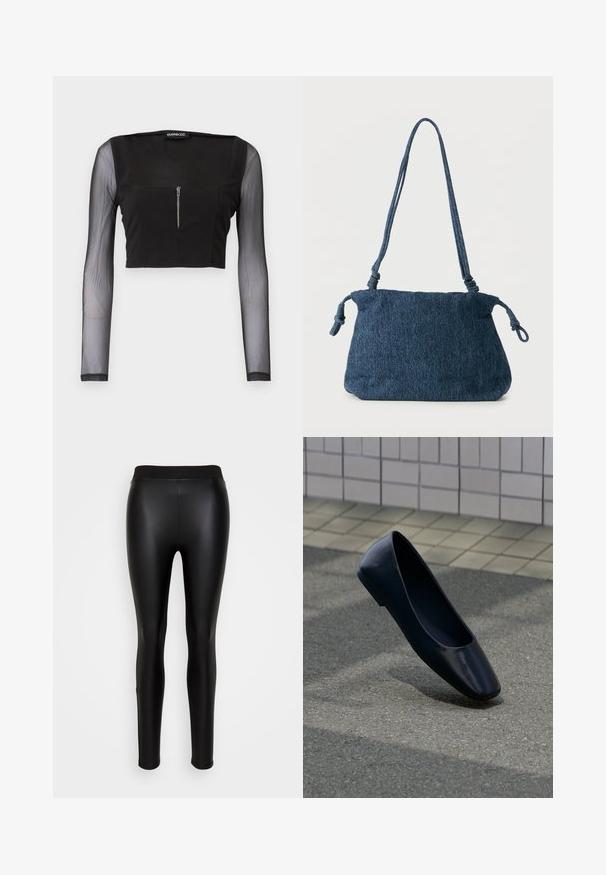 Sort crop top med firkantet halsudskæring, fremstillet i uigennemsigtigt stof med gennemsigtige lange ærmer. Frontlynlås tilføjer detalje til designet.; ONLY ONLCOCO MIX - Leggings - black; Sort læder flad sko, stående opret på en asfaltbelægning nær en flisebelagt fortovskant.; Mørkeblå denim skuldertaske med knyttede stropender og en enkel rektangulær form mod en hvid baggrund.