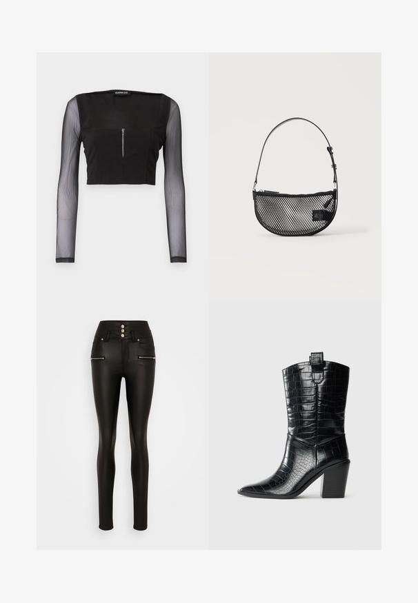 Sort crop top med firkantet halsudskæring, fremstillet i uigennemsigtigt stof med gennemsigtige lange ærmer. Frontlynlås tilføjer detalje til designet.; Vero Moda Tall VMDONNA - Bukser - black; Sort westernstøvle til midten af lægen med spids tå, blokhæle og blank lædertekstur med krokodillepræg mod hvid baggrund.; Sort mesh halvmåne håndtaske med en kort justerbar læderrem og lynlåslukning på en ensartet lys baggrund.