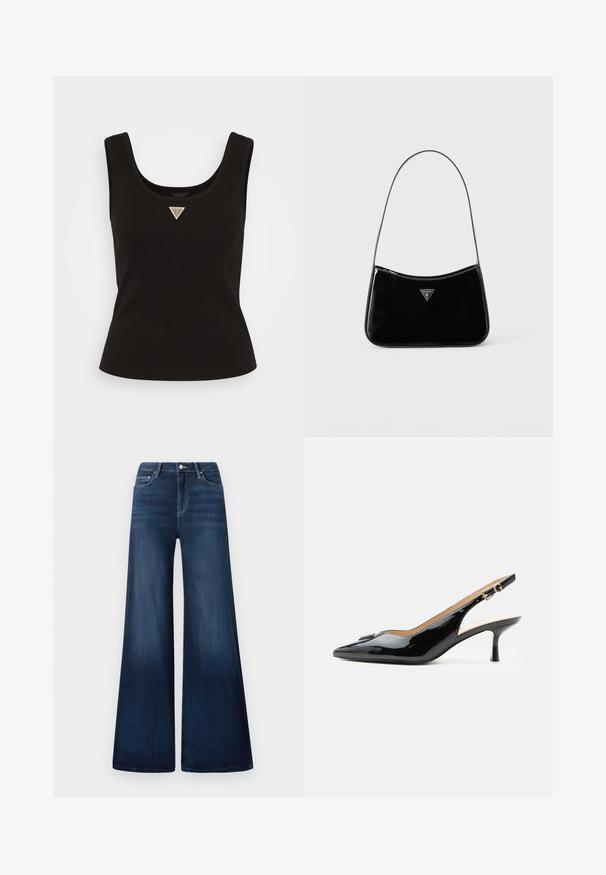 Débardeur noir côtelé avec un col rond et un petit logo en triangle argenté au centre devant. Design ajusté sans manches.; Jeans larges bleu marine à taille haute, en denim, avec un léger délavage, des poches avant et une fermeture à bouton classique.; Escarpin slingback en cuir verni noir avec bout pointu, petit talon kitten et bride à boucle argentée sur fond blanc uni.; Sac à bandoulière en cuir verni noir avec une sangle fine, logo triangulaire Guess sur le devant et une fermeture éclair supérieure.