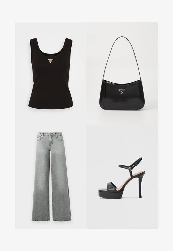 Débardeur noir côtelé avec un col rond et un petit logo en triangle argenté au centre devant. Design ajusté sans manches.; Jeans en denim gris à jambes larges, dotés de cinq poches, d'une taille haute et d'une finition légèrement délavée avec des coutures visibles.; Sandales à plateforme noires avec un talon haut stilettos, dotées d'une tige en cuir lisse, d'un bout ouvert et d'une bride de cheville ajustable avec ferrures.; Sac à épaule en cuir verni noir avec une forme incurvée, présentant un logo triangle en argent et une fermeture éclair. Texture lisse et bandoulière fine.