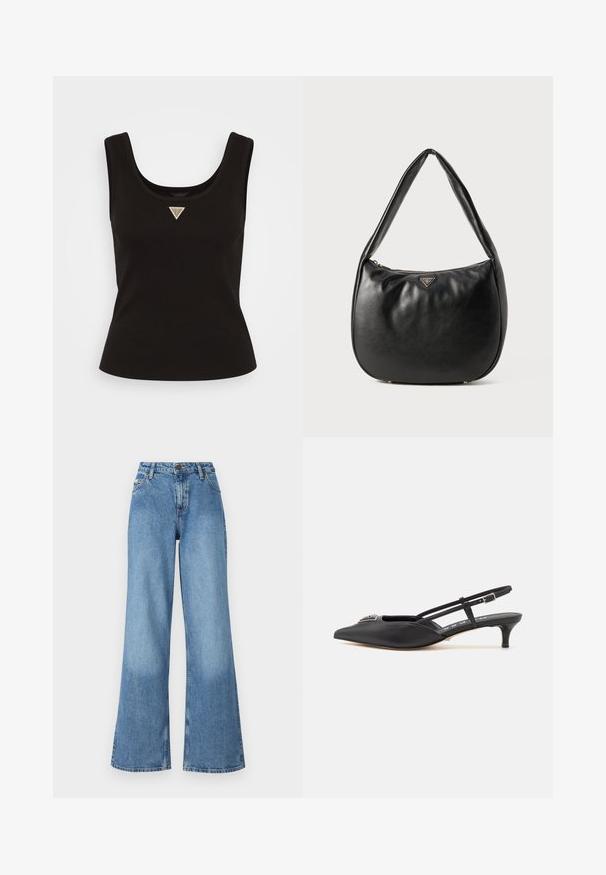 Débardeur noir côtelé avec un col rond et un petit logo en triangle argenté au centre devant. Design ajusté sans manches.; Jean en denim bleu taille haute à jambes larges, avec poches avant, passants de ceinture et fermeture à bouton et zip.; Chaussures noires à talon slingback avec un bout pointu, en matériau lisse, dotées d'un petit talon et d'un accent décoratif en argent sur le dessus.; Sac hobo en cuir noir avec une texture lisse, une forme incurvée et une fermeture à glissière. Présente un accent logo doré sur le devant.