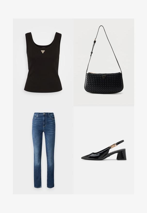 Top sin mangas negro de canalé con escote amplio y un pequeño logotipo triangular en tonos plateados en la parte central frontal. Diseño ajustado.; Jeans de mezclilla azul oscuro con un diseño de pierna recta, estilo de cinco bolsillos y un leve desgaste en la parte delantera para añadir textura.; Zapatos de charol negro con tacón de pala y puntera afilada, con detalles en tono dorado en la correa, que presentan un tacón cuadrado. Textura suave.; Bolso de hombro de cuero negro tejido con correa ajustable y placa con el logo de Guess en tono dorado en el centro delantero.