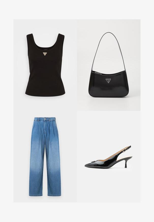 Top sin mangas negro de canalé con escote amplio y un pequeño logotipo triangular en tonos plateados en la parte central frontal. Diseño ajustado.; Pantalones de mezclilla azul claro con cintura alta, ajuste relajado y pernera ancha, y pliegues en la parte frontal. Presenta un cierre de botón y cremallera.; Tacón slingback de charol negro con puntera puntiaguda, tacón pequeño tipo kitten y correa con hebilla plateada sobre un fondo blanco liso.; Bolso de hombro de charol negro con forma curva, que presenta un logotipo triangular plateado y un cierre de cremallera. Textura suave y correa delgada.