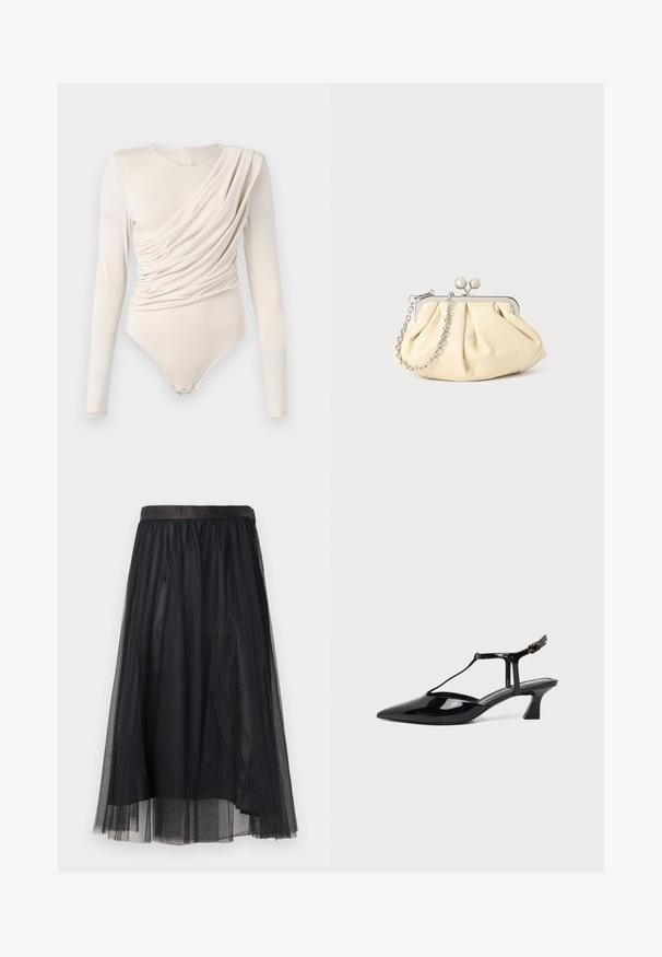 Beige langærmet bodysuit med draperet front, glat tekstur og trykknaplukning nederst. Elegant og tætsiddende design.; Sort tylskørt med en skinnende sort talje. Har et lagdelt design med en gennemsigtig tekstur og en flydende, mellemlang længde.; Sort laklæder spids tå slingback sko med T-rem og lav skrå blokhæl på hvid baggrund.; Plisseret beige læderclutch med en sølvmetalramme, der har to runde dekorative låse og en sølvkædetrasporte.
