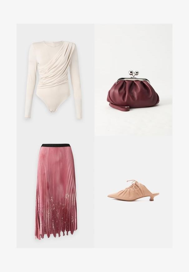 Beige langærmet bodysuit med draperet front, glat tekstur og trykknaplukning nederst. Elegant og tætsiddende design.; Plisseret midi-nederdel i gradient pink satin, med sort elastik i taljen og blomsterudskæringer nær kanten. Glat tekstur.; Beige dames mule i læder med spids tå, rynket overdel, snøre og lav kittenhæl på hvid baggrund.; Lille bordeauxlæder clutch-pung med sølv metal lukning og håndledsrem på hvid baggrund.