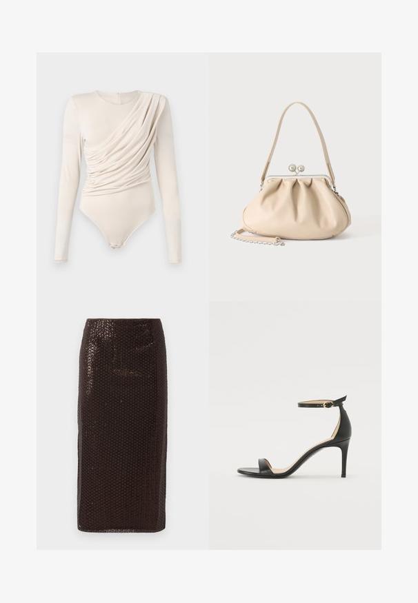 Beige langemouwige bodysuit met gedrapeerde voorkant, zachte textuur en drukknoopsluiting onderaan. Elegante en aansluitende ontwerp.; Donkerbruine pailletten penrok met een hoge taille en een subtiel ruitpatroon, weergegeven tegen een effen witte achtergrond.; Zwarte leren hoge hak sandaal met enkelbandje. Heeft een gladde textuur, open teen en een dunne hak. Gouden gesp detail.; Beige zachte leren handtas met een zilveren metalen frame sluiting, een enkele schouderriem en een optionele kettingriem op een witte achtergrond.