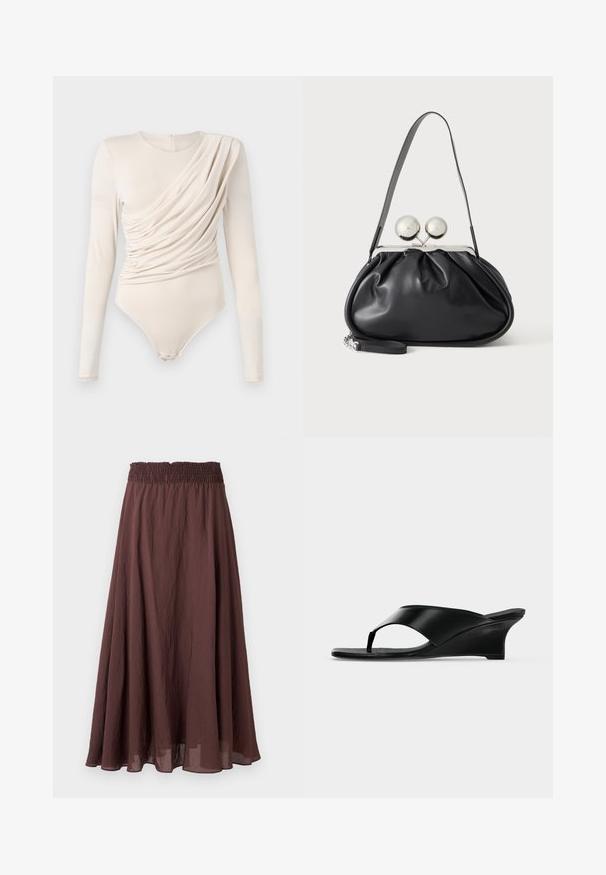 Béžový bodysuit s dlhými rukávmi, s drapériou na prednej strane, hladkou textúrou a patentkami v spodnej časti. Elegantný a priliehajúci dizajn.; Hnedá dlhá sukňa v tvare písmena A s nariaseným elastickým pásom a ľahkou, mierne pokrčenou látkou, zobrazená na jednoduchom pozadí.; Čierna kožená klinová sandála s remienkom medzi prstami a otvorenou špičkou, s nízkym zakriveným podpätkom a elegantným minimalistickým dizajnom.; Čierna kožená kabelka so zhlukovým dizajnom, jedným popruhom, strieborným kovovým rámom a dvoma veľkými okrúhlymi striebornými zapínaniami.
