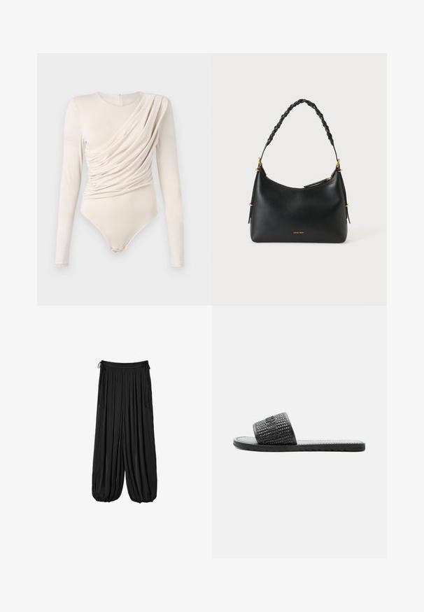 Béžový bodysuit s dlhými rukávmi, s drapériou na prednej strane, hladkou textúrou a patentkami v spodnej časti. Elegantný a priliehajúci dizajn.; Voľné čierne nohavice so stiahnutými elastickými manžetami a viazaniami v páse, vyrobené z ľahkej, splývavej látky.; Čierna slide sandála s textúrovaným tkaným remienkom s vyrazeným názvom značky a plochou podrážkou s protišmykovým vzorom.; Čierna kožená kabelka s pletenou rukoväťou, zlatým kovaním a názvom značky "Vanessa Bruno" v zlate pri spodnej časti, zobrazená na bielom pozadí.