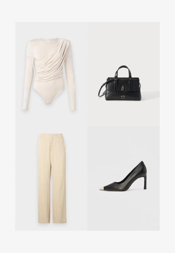 Body beige à manches longues avec devant drapé, texture lisse et fermeture à pression au bas. Design élégant et ajusté.; Pantalon beige à jambes larges en tissu doux, présentant une coupe droite, une texture lisse et une ceinture classique avec un pli frontal détaillé.; Chaussure à talon haut en cuir noir avec bout pointu et capuchon argenté métallique. Présente une finition lisse et un talon fin de 10 cm.; Sac à main en cuir noir Armani Exchange avec doubles poignées, une bandoulière et des détails de serrure et logo dorés sur fond uni.