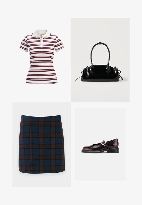 Kurzärmliges Poloshirt mit horizontalen maroonen und weißen Streifen, aus weichem Stoff mit klassischem Kragen und einer Drei-Knopf-Leiste.; Marineblaue karierte Minirock mit braunen und grauen Linien, aus einem glatten Stoff, mit einem subtilen Schlitz hinten für mehr Bewegungsfreiheit.; Ein einzelner glänzender dunkelburgunder Mary Jane Schuh mit breitem Riemen und silberner Schnalle, niedrigem Blockabsatz und abgerundeter Spitze auf weißem Hintergrund.; Kleine schwarze glänzende Handtasche mit zwei langen Griffen und seitlichen Kordelzug-Details vor einfachem hellem Hintergrund.