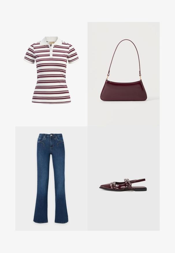 Kurzärmliges Poloshirt mit horizontalen maroonen und weißen Streifen, aus weichem Stoff mit klassischem Kragen und einer Drei-Knopf-Leiste.; Dunkelblaue Jeans aus Denim mit hoher Taille, vorderen Knöpfen und Reißverschluss sowie ausgestellten Hosenbeinen.; Bordeauxfarbene Lackleder Slingback-Ballerina mit spitzer Zehenpartie, ausgestattet mit dekorativen Riemen in metallischen Akzenten.; Dunkelburgunderfarbene, glänzende Handtasche mit einem einzigen dünnen Griff und einer schlanken, trapezförmigen Form auf einem schlichten hellen Hintergrund.