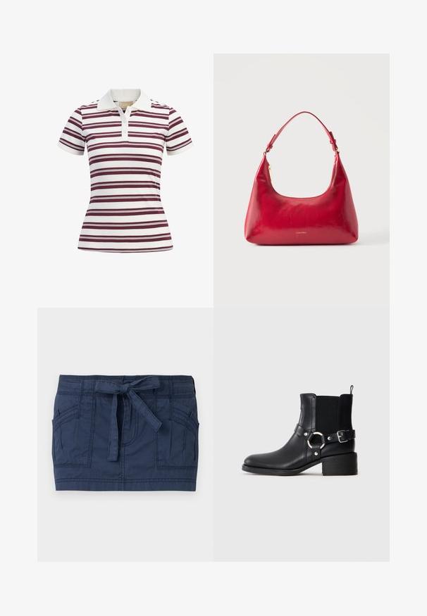 Kortærmet polo-shirt med vandrette maroon- og hvide striber, lavet af blødt stof med klassisk krave og tre-knaps lukning.; Marinblå mininederdel med store forlommer og et bundet stofbælte i taljen, lavet af tekstureret bomuldsstof.; Sort læder ankelstøvle med sidespænde og ringdetalje, elastisk sideskærm, lav blokhæl og trækstrop på neutral baggrund.; Rød læder skuldertaske med guld lynlås og justerbar rem, Calvin Klein-logo centreret foran.