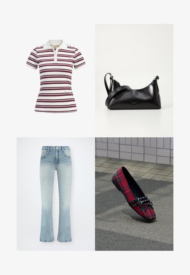 Kortærmet polo-shirt med vandrette maroon- og hvide striber, lavet af blødt stof med klassisk krave og tre-knaps lukning.; Lyseblå højtaljede denimjeans med falmet vask, forlommer, knaplukning og let udvidede ben på hvid baggrund.; Rød tartan flad sko med spids tå, sorte dobbelte remme med nitter og sløjfe, placeret på asfalt nær flisebelagt væg baggrund.; Sort læderhåndtaske med en glat tekstur. Har en justerbar stropp og et enkelt, minimalistisk design med lynlås.