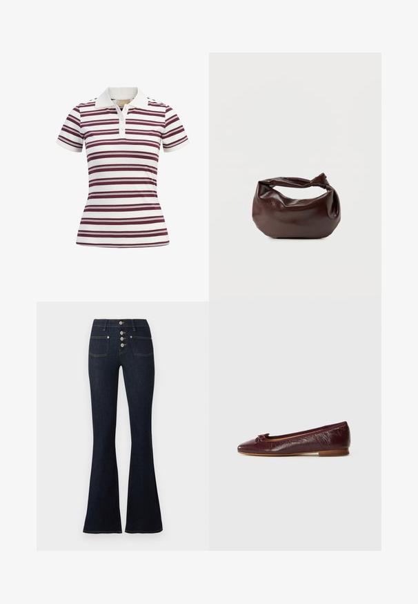 Kurzärmliges Poloshirt mit horizontalen maroonen und weißen Streifen, aus weichem Stoff mit klassischem Kragen und einer Drei-Knopf-Leiste.; Dunkelblaue, hoch geschnittene Schlagjeans mit vier Knöpfen vorne und zwei vorderen Taschen, vor weißem Hintergrund gezeigt.; Burgunderfarbene Leder-Ballettschuhe mit spitzer Zehenform, einem kleinen Schleifenakzent und einer strukturierten Oberfläche. Niedriger Holzabsatz.; Dunkelbraune Lederschultertasche mit weicher, lockerer Form und einem gedrehten Knotengriff vor schlichtem weißem Hintergrund.
