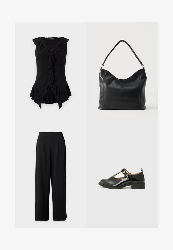 Blouse noire ajustée sans manches avec col en V, bordure à volants le long de l'encolure, sur le devant et à l'ourlet, avec l'étiquette "Anna Field" à l'intérieur du col.; Pantalon noir à jambes larges avec plis à l'avant, une ceinture ajustée et un ourlet droit sur fond uni.; Chaussure Mary Jane en cuir verni noir avec un bout arrondi, une sangle au niveau de la cheville, un détail de boucle dorée et un petit talon carré. Texture lisse.; Sac à épaule en cuir noir avec poignée torsadée et détails de couture verticale sur un fond clair uni.