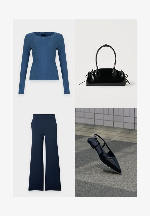 Haut ajusté à manches longues bleu côtelé avec un col rond sur un fond blanc uni.; Pantalon large bleu marine avec une taille ajustée et un pli marqué à l'avant, présenté sur un fond blanc uni.; Chaussure plate noire à bout pointu avec bride arrière, flottant au-dessus d'une surface en bitume à côté d'un trottoir carrelé.; Petit sac à main noir brillant avec deux longues anses et des détails à cordon sur les côtés sur un fond clair uni.