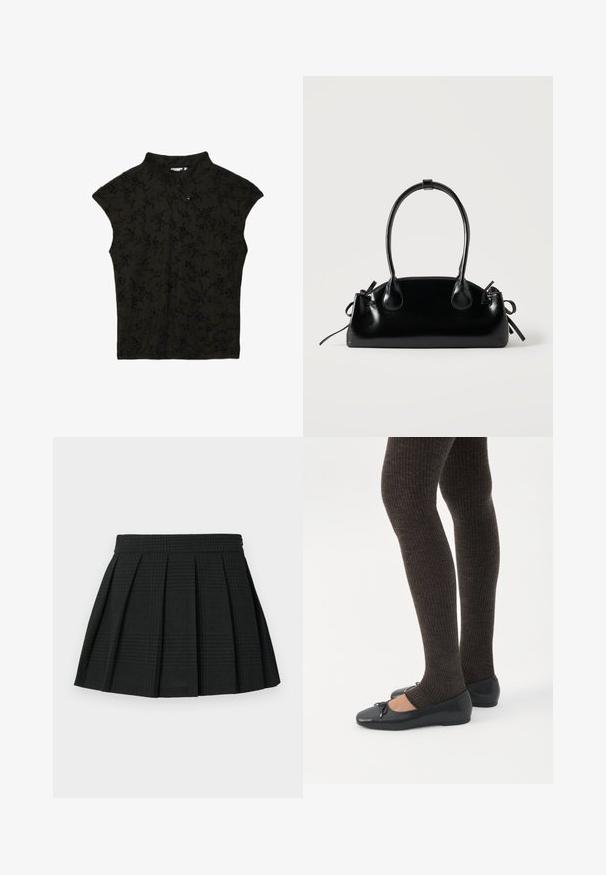 Blouse noire sans manches avec col mandarin, patte de boutonnage diagonale et motif floral subtil.; Jupe plissée noire en tissu texturé. Dispose d'une taille et d'un léger motif écossais tout au long. Longueur courte avec des plis superposés.; Jambes portant des leggings côtelés foncés associés à des ballerines noires avec de petits détails en nœud sur fond blanc.; Petit sac à main noir brillant avec deux longues anses et des détails à cordon sur les côtés sur un fond clair uni.