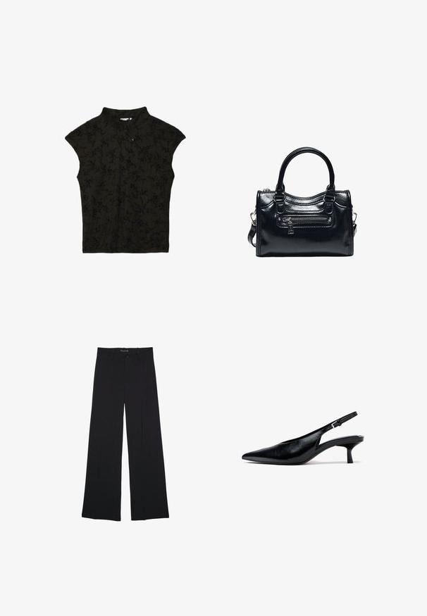 Blouse noire sans manches avec col mandarin, patte de boutonnage diagonale et motif floral subtil.; Pantalon noir à jambes larges avec passants de ceinture, bouton frontal et fermeture éclair, étalé à plat sur un fond blanc.; Escarpin slingback en cuir noir à talon kitten, avec bout pointu et bride réglable avec boucle, sur fond blanc.; Sac à main en cuir noir brillant avec deux poignées, poche avant zippée et bandoulière amovible sur fond blanc.