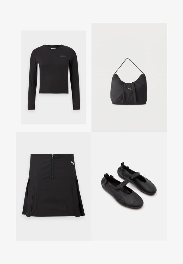 Μαύρο μακρυμάνικο crop top κατασκευασμένο από ελαστικό ύφασμα, με στρογγυλή λαιμόκοψη και μικρό λογότυπο τυπωμένο στο στήθος.; Μαύρη αθλητική φούστα με φερμουάρ στο μπροστινό μέρος και πιέτες στο πλάι, με λευκό λογότυπο Puma στο πάνω δεξί μέρος.; Ζευγάρι μαύρα δερμάτινα παπούτσια στιλ Mary Jane με ελαστική πίσω όψη και λουρί με βέλκρο, με διακριτικό λογότυπο Puma σε κάθε δάκτυλο.; Μαύρη υφασμάτινη τσάντα ώμου με πιέτες, μία λαβή και ένα μικρό χρυσό λογότυπο Puma στο κέντρο μπροστά.