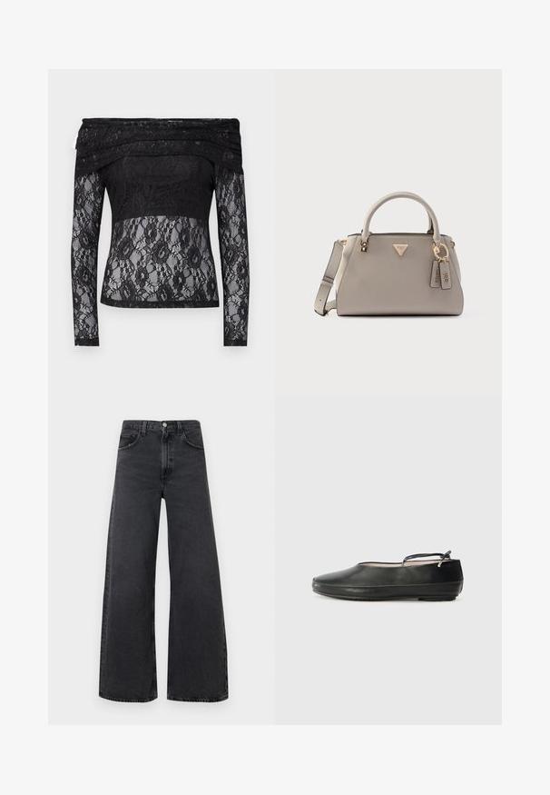 Sorte blonder top med lange ærmer og off-the-shoulder design. Har et blomstermønster, gennemsigtig tekstur og solid stofpanel ved taljen.; Sorte viddebukser i denim, med høj talje, knaplukning og design med fem lommer. Diskrete slid- og vaskefornyelseseffekter.; Sorte læderballerinaer med rund tå, ankelrem og en glat overflade. Har minimale dekorationer og en fleksibel gummisål.; Grå tekstureret håndtaske med gulddetaljer, dobbelt håndtag, aftagelig rem og mærkelogo på en trekantet detalje. Har to mærkedetaljer.