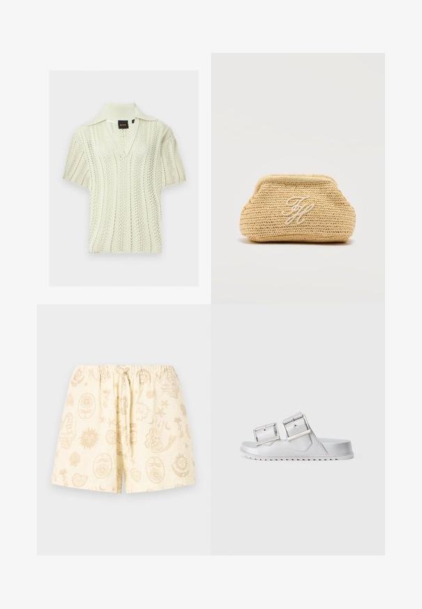 Haut en maille crème à manches courtes avec col en V et col pointu, présentant un motif ajouré texturé et une étiquette de marque BOSS à l'intérieur.; Shorts couleur crème avec taille élastique et cordon, décorés de motifs abstraits beiges de soleil, lune, coquillage et sirène.; Sandales argentées avec deux larges brides réglables, matériau texturé et une semelle plate présentant un motif en zigzag au fond.; Pochette en paille tissée beige avec une surface texturée et des initiales brodées "TH" au centre à l'avant.