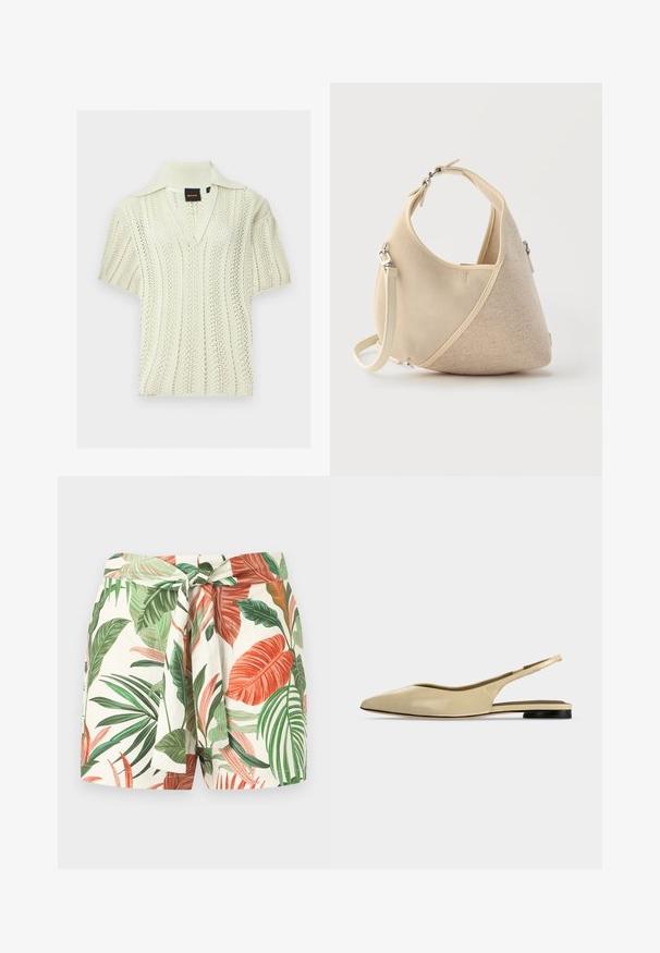 Haut en maille crème à manches courtes avec col en V et col pointu, présentant un motif ajouré texturé et une étiquette de marque BOSS à l'intérieur.; Shorts taille haute avec une ceinture nouée, présentant un motif coloré de feuilles tropicales en vert et orange sur un fond blanc.; Chaussure plate beige à bout pointu avec bride arrière, petit talon noir et finition en cuir lisse, vue de côté sur un fond uni.; Sac à main beige en forme de croissant avec textures de tissus mélangées, poignée courte et bandoulière amovible, sur fond clair.