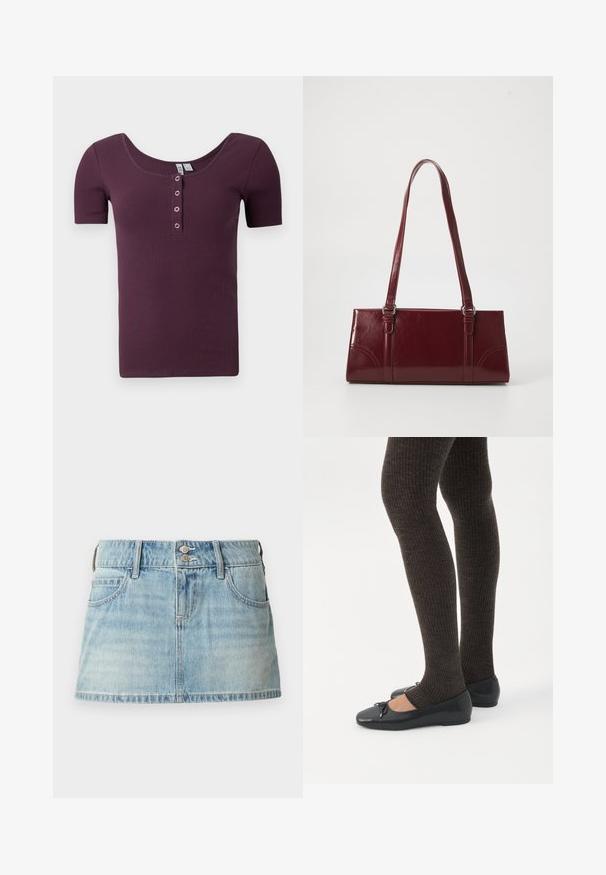 Camisa henley de color ciruela morado, de manga corta y canalé, con escote redondeado y cuatro botones de presión plateados en la tapeta delantera.; Falda de mezclilla en azul claro, con una cintura ajustada, dos bolsillos frontales, cierre con dos botones y dobladillo deshilachado.; Piernas con leggings oscuros acanalados combinados con bailarinas negras que presentan pequeños detalles de lazo sobre un fondo blanco.; Bolso burdeos hecho de material brillante, de forma rectangular, con dos asas para el hombro y sutiles acentos curvados en la parte frontal.