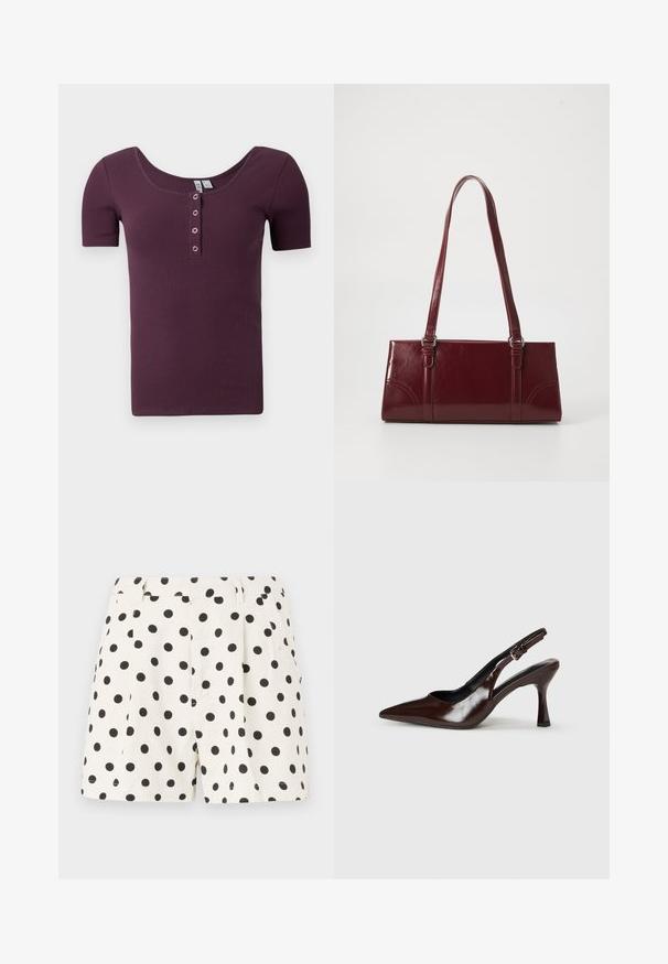 Camisa henley de color ciruela morado, de manga corta y canalé, con escote redondeado y cuatro botones de presión plateados en la tapeta delantera.; Pantalones cortos blancos de lino con un patrón de lunares negros. Cuenta con pliegues y bolsillos laterales. Cintura ajustada con un acabado limpio.; Zapatos de tacón slingback de charol marrón con punta afilada, tacón delgado y correa ajustable con una pequeña hebilla.; Bolso burdeos hecho de material brillante, de forma rectangular, con dos asas para el hombro y sutiles acentos curvados en la parte frontal.