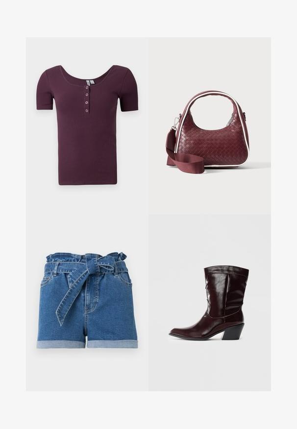 Camisa henley de color ciruela morado, de manga corta y canalé, con escote redondeado y cuatro botones de presión plateados en la tapeta delantera.; Pantalones cortos de mezclilla azul con puños doblados y cintura alta que cuenta con un cinturón de tela atado y trabillas para cinturón.; Botines de cuero burdeos con punta afilada, superficie texturizada y tacón bajo cónico. Presentan costuras sutiles y un ajuste ceñido.; Bolso de mano de cuero tejido color granate con asa curva, ribete blanco, cremallera plateada y correa desmontable de tela ancha para el hombro sobre fondo liso.