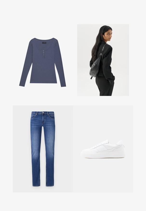 Langærmet, ribbet top i mørkeblå med rundet udskæring og tre-knaps lukning foran. Blød tekstur, tætsiddende pasform.; Blå denimjeans med lige ben, forlommer og en klassisk knap- og lynlåslukning. Let tekstureret med syninger som detaljer.; Hvid lavtop-sneaker med tyk sål, snørelukning og diskrete syningsdetaljer på en ensfarvet lys baggrund.; Kvinde med langt, mørkt hår iført en sort dragt, bærende en sort læder skuldertaske, som ser over sin skulder mod en hvid baggrund.