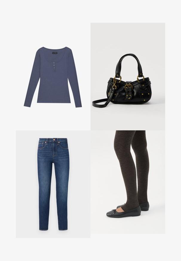 Langærmet, ribbet top i mørkeblå med rundet udskæring og tre-knaps lukning foran. Blød tekstur, tætsiddende pasform.; GAP SKINNY HAVEL - Jeans Skinny Fit - dark wash; Ben iført mørke ribbede leggings kombineret med sorte balletsko med små sløjfedetaljer på hvid baggrund.; Sort læderhåndtaske med guldbælge og nitdetaljer, korte håndtag og en justerbar skulderrem på en ensfarvet hvid baggrund.
