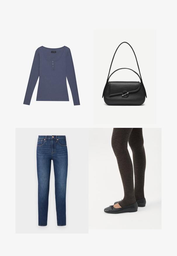 Dlhý rukáv, rebrovaný top v tmavomodrej farbe s výstrihom do V a trojbuttonovým zapínaním vpredu. Mäkká textura, úzky strih.; GAP SKINNY HAVEL - Džínsy skinny fit - dark wash; Nohy v tmavých pásikavých legínach v kombinácii s čiernymi balerínkami s malými mašličkami na bielom pozadí.; Čierna kožená kabelka s zaoblenými hranami, asymetrickým klopou, kovovou okrúhlou zapínacou sponou a krátkymi aj dlhými ramennými popruhmi.