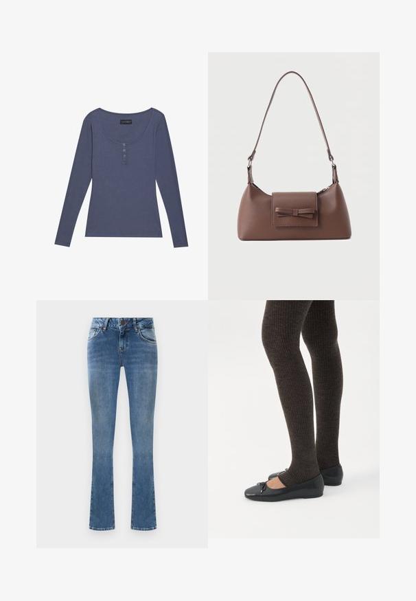 Langærmet, ribbet top i mørkeblå med rundet udskæring og tre-knaps lukning foran. Blød tekstur, tætsiddende pasform.; Lysblå denim flared jeans med fem lommer, lukning med knap og gule syninger. Stoffet har en glat tekstur.; Ben iført mørke ribbede leggings kombineret med sorte balletsko med små sløjfedetaljer på hvid baggrund.; Brun skuldertaske i læder med en frontlomme med klap, der har en sydd sløjfedetalje, og en justerbar rem.