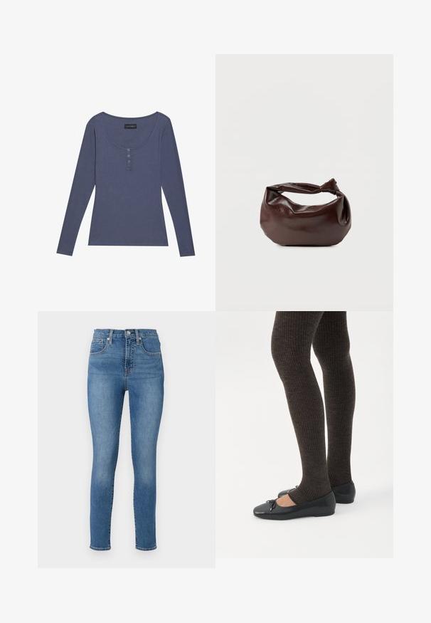 Dlhý rukáv, rebrovaný top v tmavomodrej farbe s výstrihom do V a trojbuttonovým zapínaním vpredu. Mäkká textura, úzky strih.; GAP SKINNY TALMA - Džínsy skinny fit - medium indigo; Nohy v tmavých pásikavých legínach v kombinácii s čiernymi balerínkami s malými mašličkami na bielom pozadí.; Tmavohnedá kožená kabelka cez rameno s mäkkým, voľným tvarom a držadlom v podobe skrúteného uzla na jednoduchom bielom pozadí.