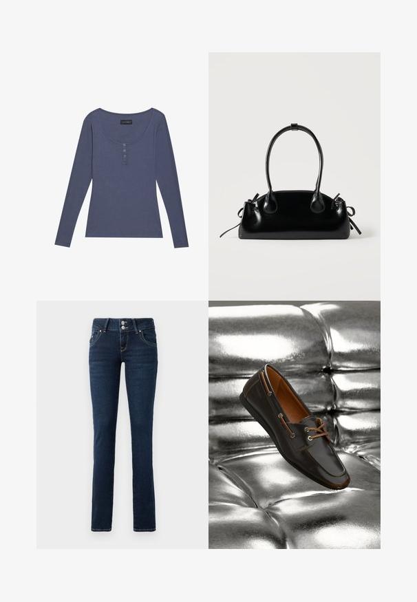 Langærmet, ribbet top i mørkeblå med rundet udskæring og tre-knaps lukning foran. Blød tekstur, tætsiddende pasform.; Mørkeblå skinny jeans med dobbeltknaplukning, frontlommer og gule syninger på hvid baggrund.; Brun læder loafers med tan detaljer og metalliske øjer, med en rund tå og glat overflade, sat mod en skinnende sølvbaggrund.; Lille sort blank håndtaske med to lange håndtag og snøre-detaljer i siden på en ensfarvet lys baggrund.