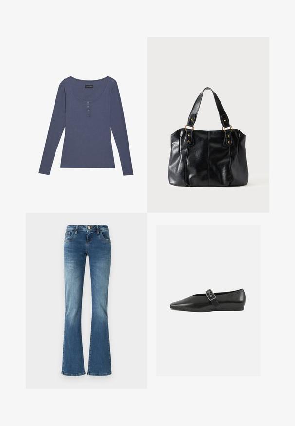Langærmet, ribbet top i mørkeblå med rundet udskæring og tre-knaps lukning foran. Blød tekstur, tætsiddende pasform.; Udsvingende denim jeans i medium blå med kontrastsyet, fem lommer og en klassisk knap- og lynlåslukning.; Sorte læder flade sko med spidse tæer, prydet med en metallisk spænde over vristen og en lav, fleksibel sål.; Sort læder skuldertaske med dobbelte stropper fastgjort med gyldne ringe og nitter, glat og let skinnende overflade, enkelt design.