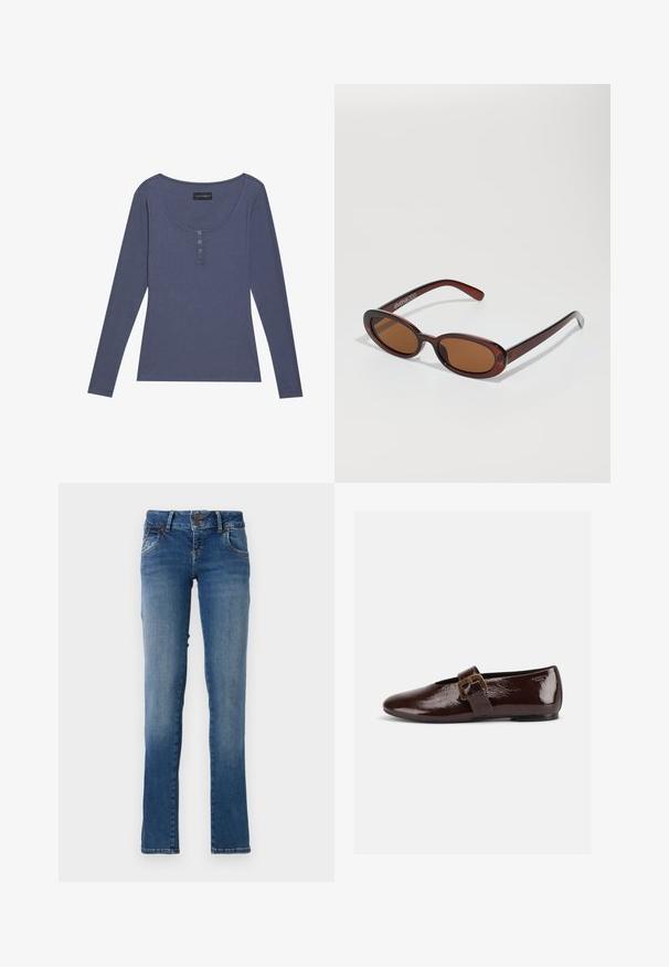 Langslachtig, geribbeld topje in donkerblauw met een ronde halslijn en een drie-knops sluiting aan de voorkant. Zachte textuur, slim fit.; Blauwe spijkerbroek met een recht pootontwerp, twee voorzakken en een knoopsluiting in de taille. Lichte vervaging op de bovenbenen en een gestikte zoom.; Donkerbruine lakleren platte schoen met een grote gouden gesp en een afgeronde teen, zijaanzicht op een witte achtergrond.; Ronde, bruin getinte zonnebril met een glanzend bordeauxrood frame. Slanke pootjes met subtiele merkdetails. Vlakke lensontwerp.